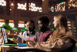 Three students sit at a table in a library, looking at a computer screen. One student holds papers, another wears headphones around their neck, and the third gestures while smiling. Books and a green lamp are on the table.