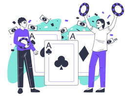 Two people celebrate near oversized playing cards and casino chips, with dollar bills and confetti in the background, symbolizing winning or success in gambling or a casino setting.