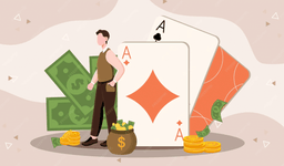 Illustration of a person standing by large playing cards (ace of spades and ace of diamonds), stacks of money, gold coins, and a money bag, symbolizing gambling or casino winnings.